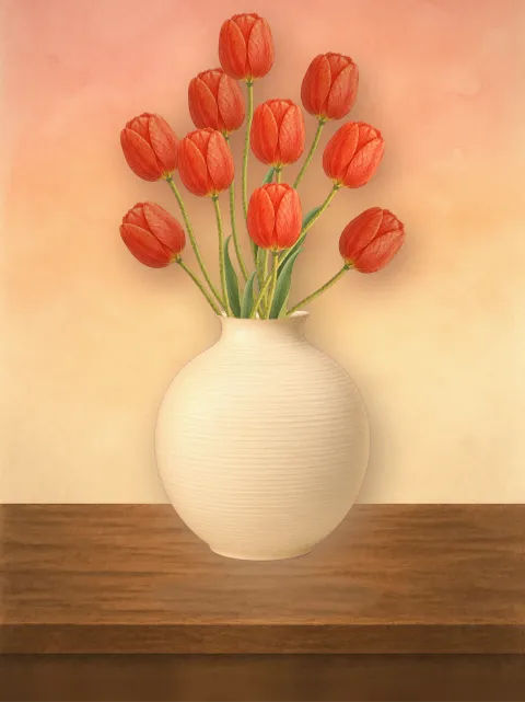 A hand-painted bouquet arranged in Bloomette, resting on a wooden shelf.