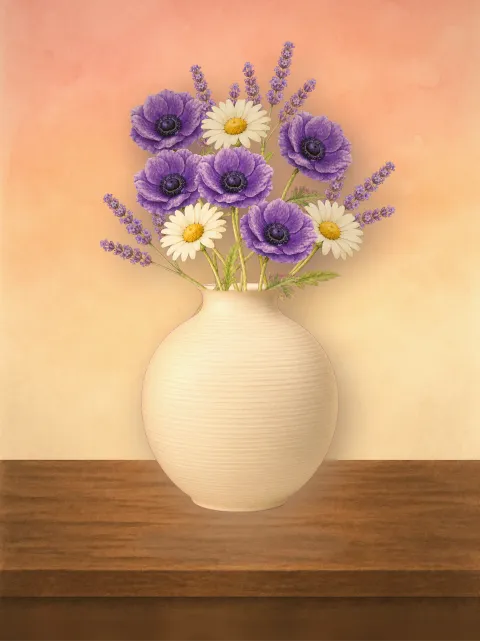 A hand-painted bouquet arranged in Bloomette, resting on a wooden shelf.