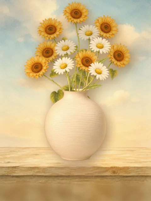 A hand-painted bouquet arranged in Bloomette, resting on a wooden shelf.