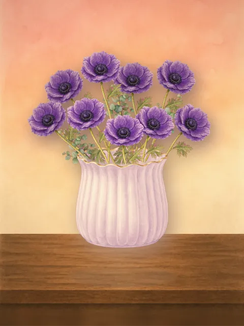 A hand-painted bouquet arranged in Bloomette, resting on a wooden shelf.