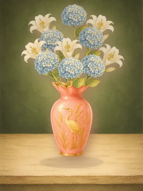 A hand-painted bouquet arranged in Bloomette, resting on a wooden shelf.