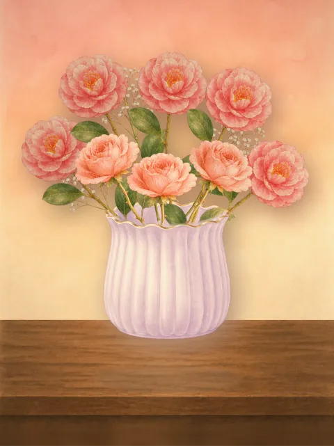 A hand-painted bouquet arranged in Bloomette, resting on a wooden shelf.