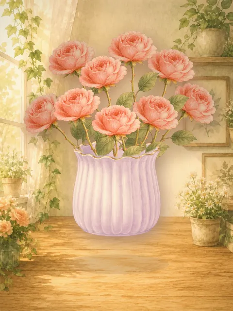 A hand-painted bouquet arranged in Bloomette, resting on a wooden shelf.