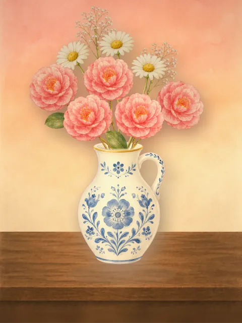 A hand-painted bouquet arranged in Bloomette, resting on a wooden shelf.