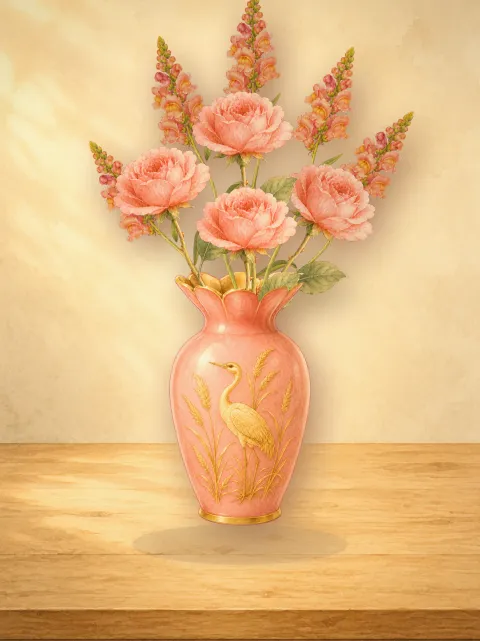 A hand-painted bouquet arranged in Bloomette, resting on a wooden shelf.