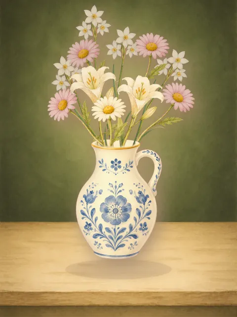 A hand-painted bouquet arranged in Bloomette, resting on a wooden shelf.