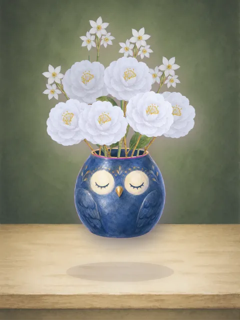 A hand-painted bouquet arranged in Bloomette, resting on a wooden shelf.