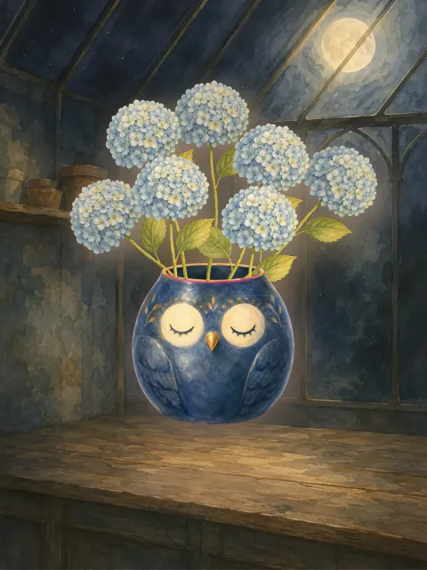 A hand-painted bouquet arranged in Bloomette, resting on a wooden shelf.