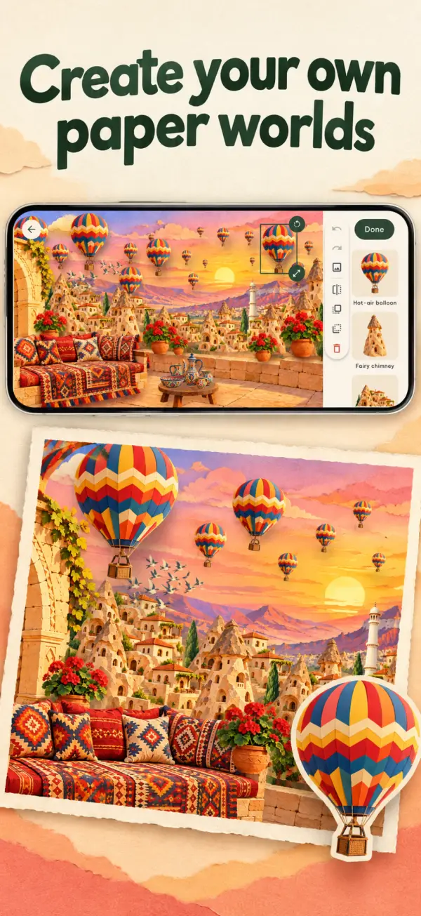 Paper Worlds: arranging hot-air balloons over a paper Cappadocia, saved as a postcard.