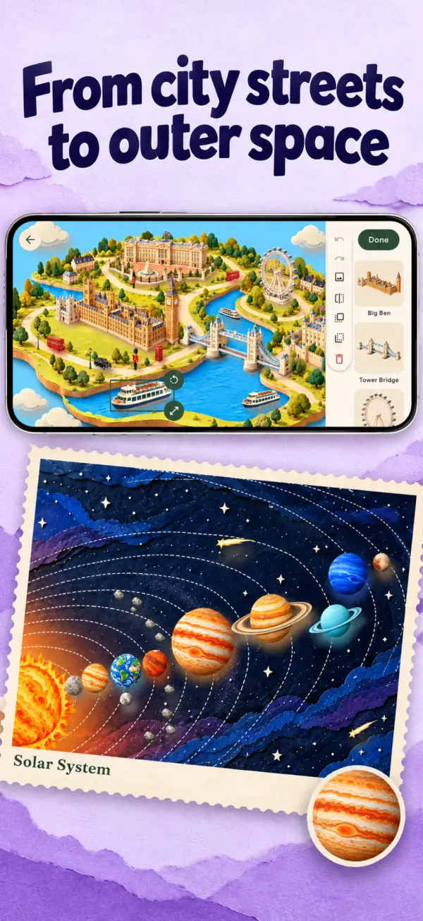 Paper Worlds: a paper London scene and a Solar System postcard.