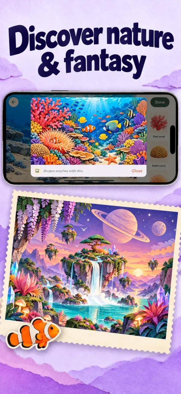 Paper Worlds: a coral reef and a dinosaur valley made from paper stickers.