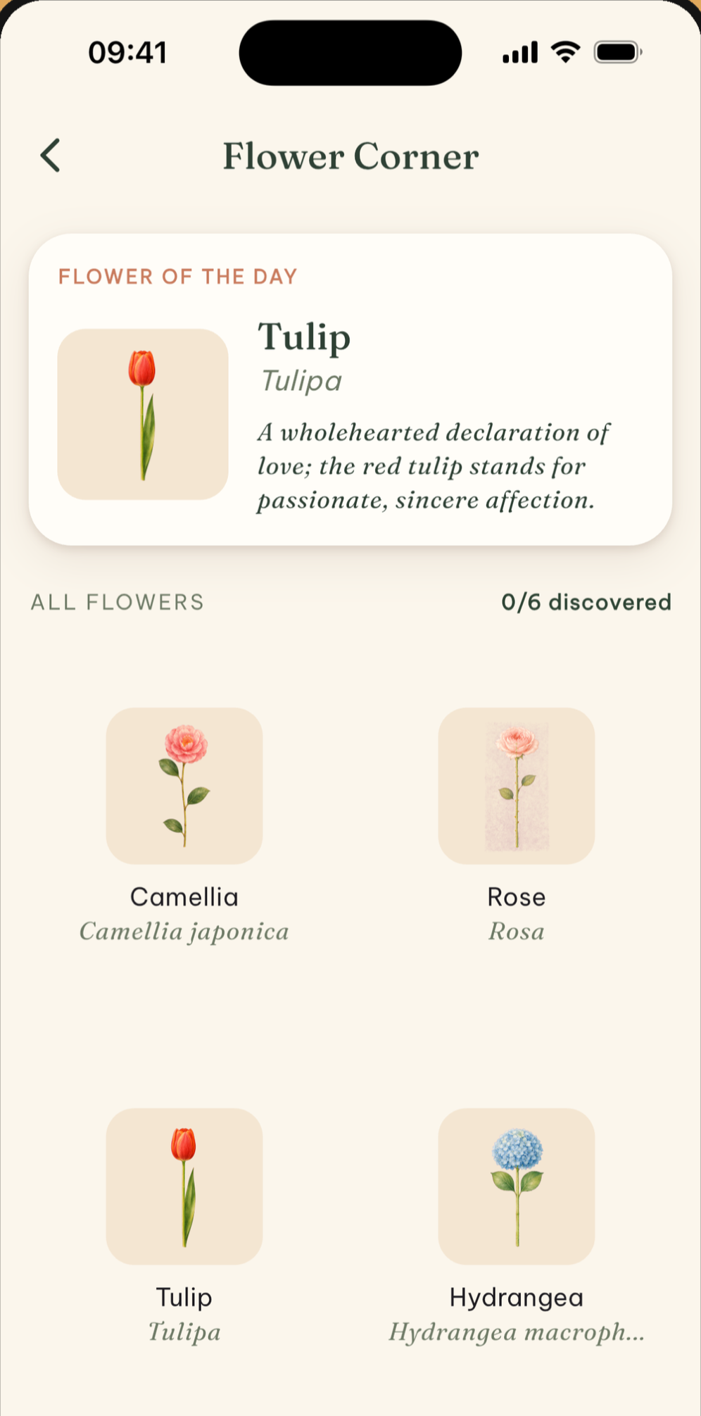 The Flower Corner screen showing a flower of the day and a grid of discovered flowers.