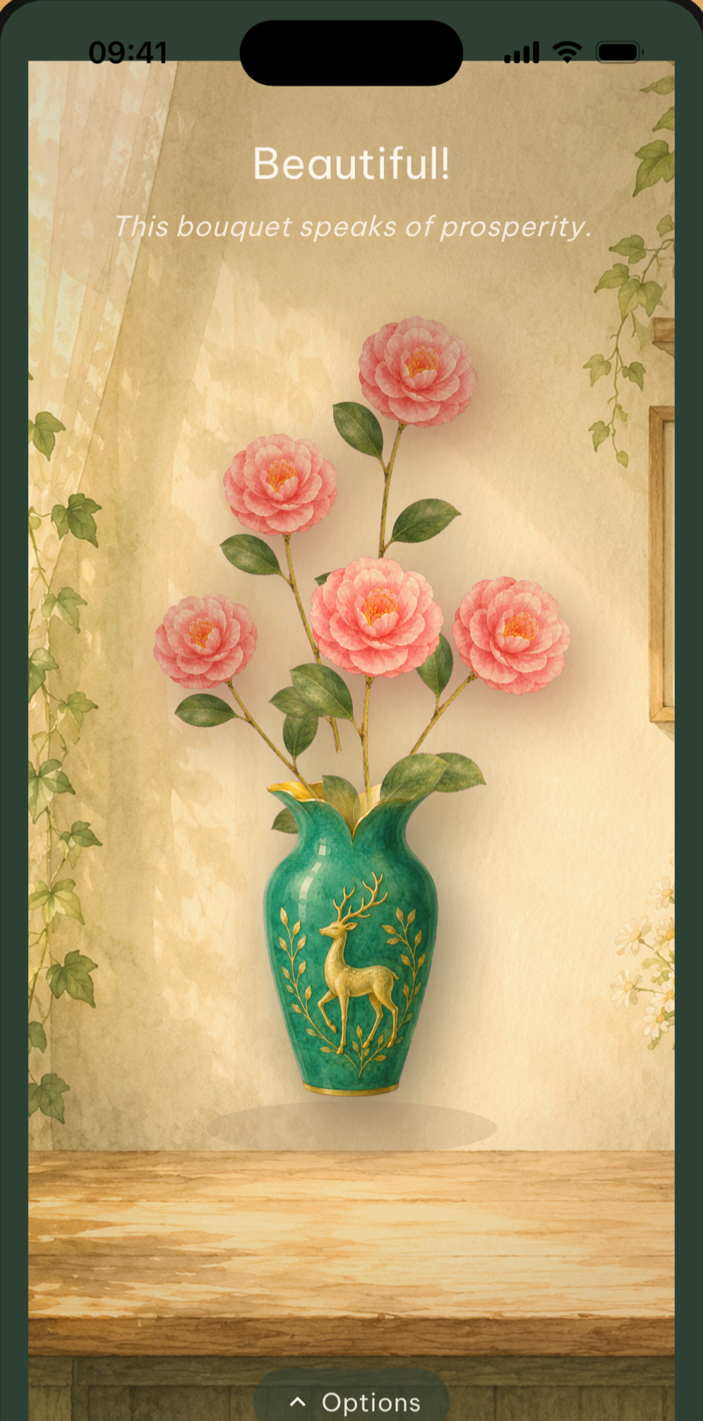 The finished bouquet screen with the caption ‘This bouquet speaks of prosperity’.